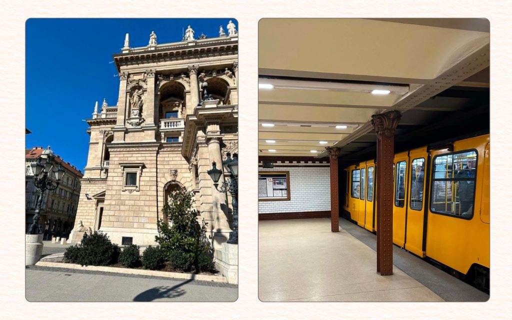 Hungarian State Opera and yellow M1 metro train at Opera station in Budapest