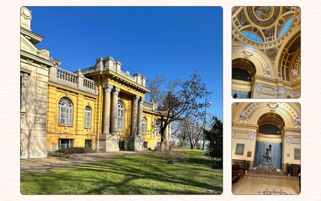Budapest thermal baths with historic yellow exterior and ornate interior architecture