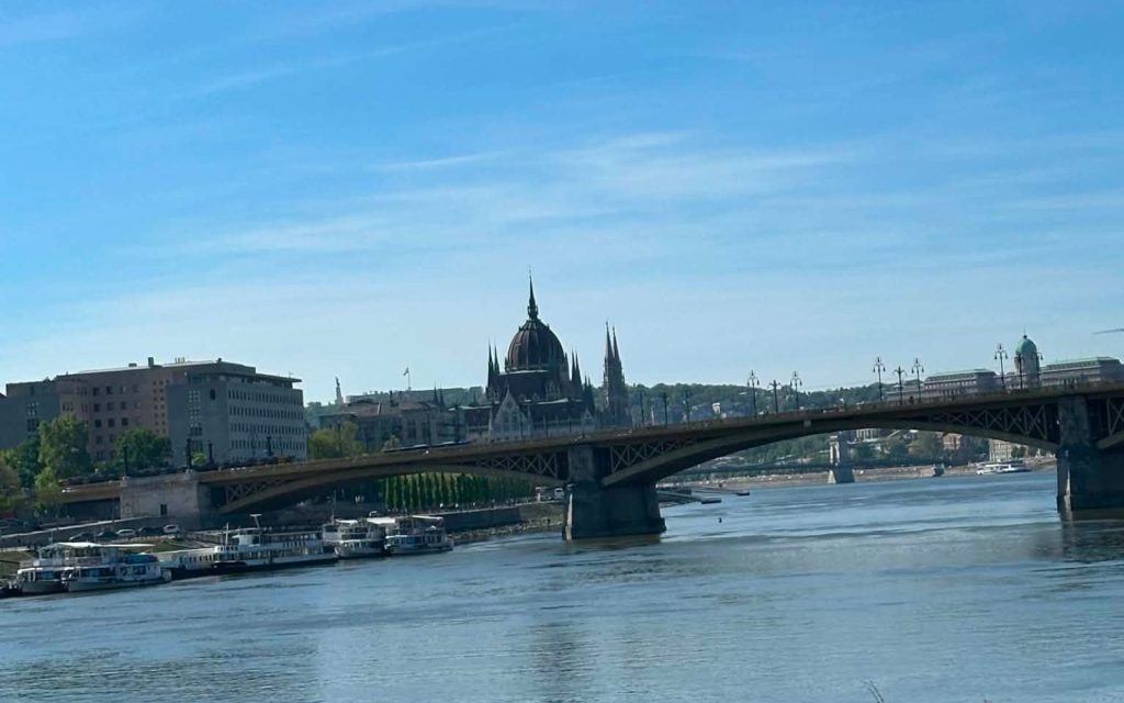View across the Danube toward the Hungarian Parliament and Margaret Bridge in Budapest