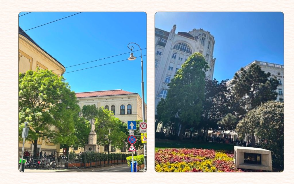 Green central Budapest streets and historic architecture near District V and District VI hotels