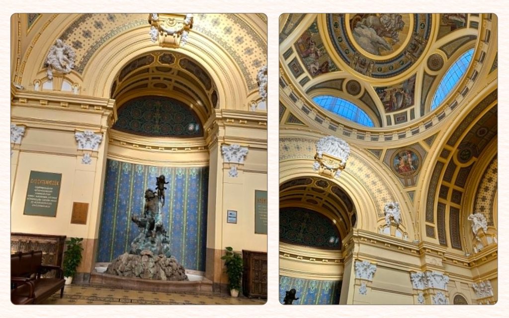 Ornate entrance hall and ceiling details inside Széchenyi Bath in Budapest